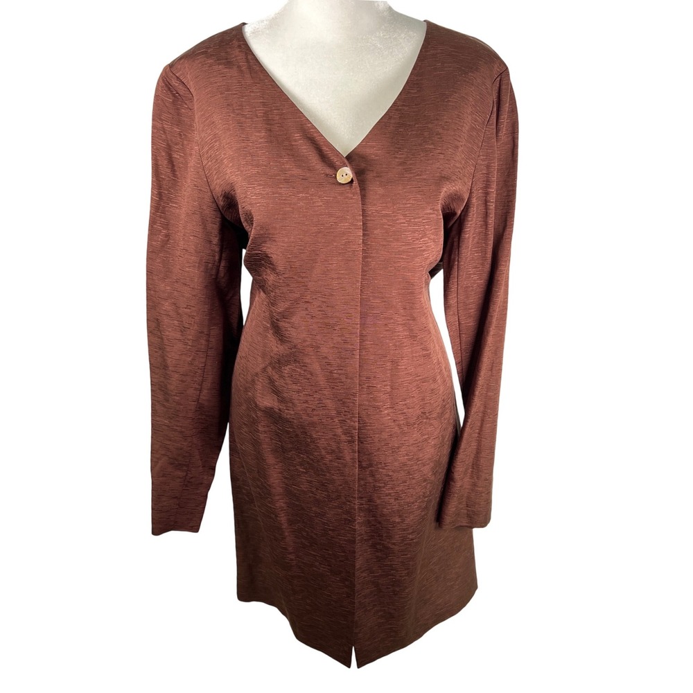 Valerie Stevens Vtg Brown Silk Linen V-Neck Shimmer Longline Jacket Womens Sz 8